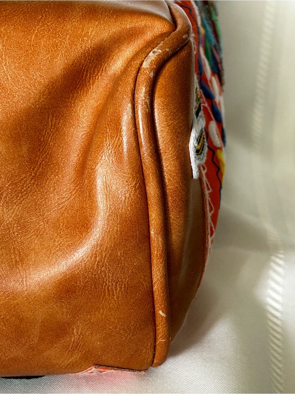 Plunder Tote Bag Camel Brown Faux Leather Multicolor Floral Bee Butterfly Patch - Picture 10 of 15